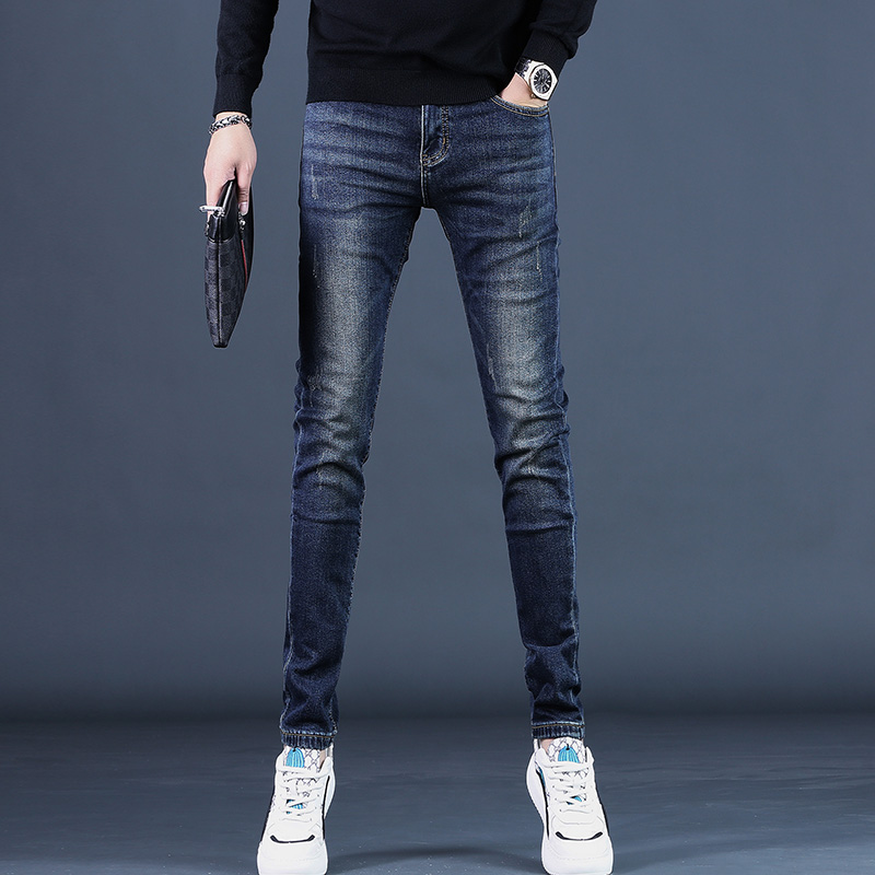 2025秋冬季紧身弹力高档加绒蓝色牛仔裤男士修身小脚休闲长裤子男