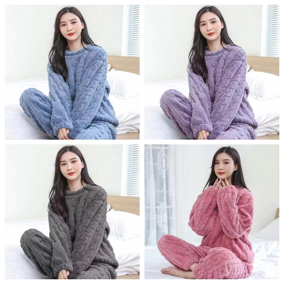 珊瑚绒睡衣女秋冬加绒加厚提花长袖女士家居服两件套宽松暖暖套装