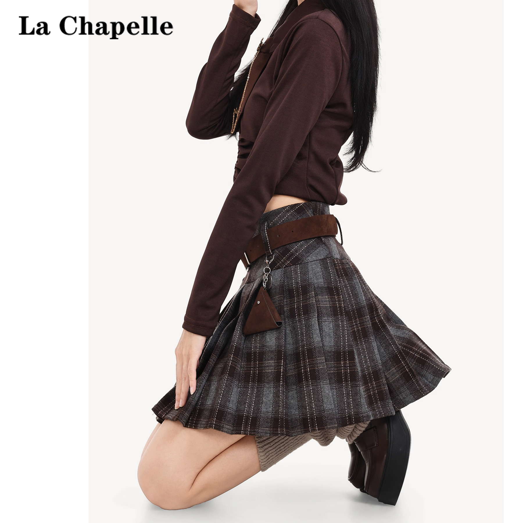 拉夏贝尔复古格纹毛呢百褶半身裙女冬季2025新款防走光学院a字裙