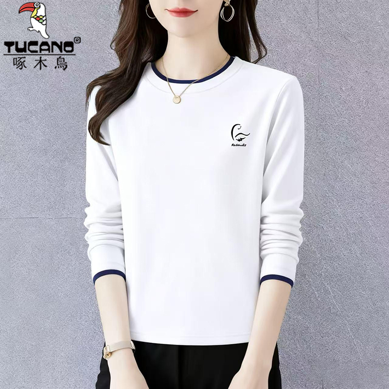 啄木鸟纯棉爆款新款春秋长袖中老年时尚洋气百搭打底衫女上衣T恤