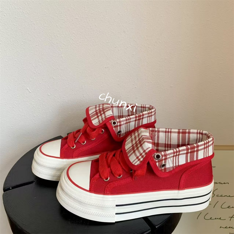 2025新款时尚厚底红色格子小众ins潮设计休闲百搭厚底折叠帆布鞋