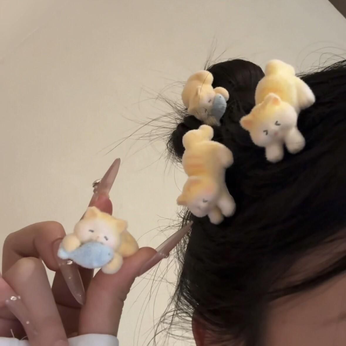 【甜星】可爱小猫吃鱼发夹植绒可爱少女心侧边刘海夹鸭嘴夹卡通发饰