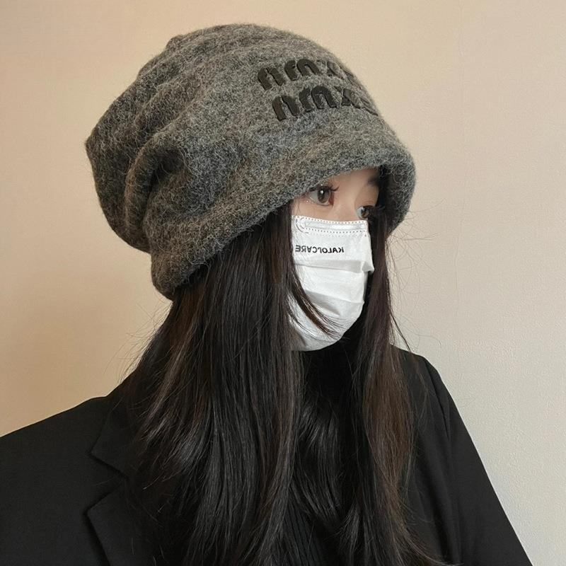 慵懒风灰色堆堆帽子冷帽女秋冬季日系百搭显脸小大头围保暖包头帽