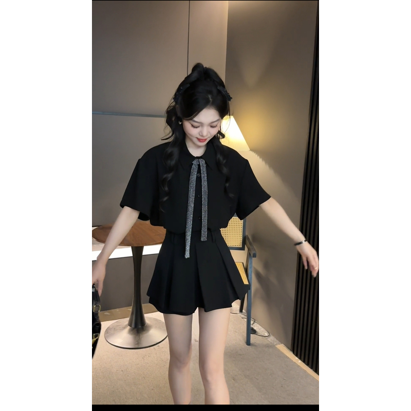 2025韩版宽松洋气休闲百搭短袖翻领配领带黑色衬衫半身裙两件套套