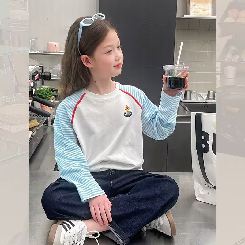 戴维贝贝同款中大童条纹插肩袖撞色上衣女2025春秋新款长袖t恤儿