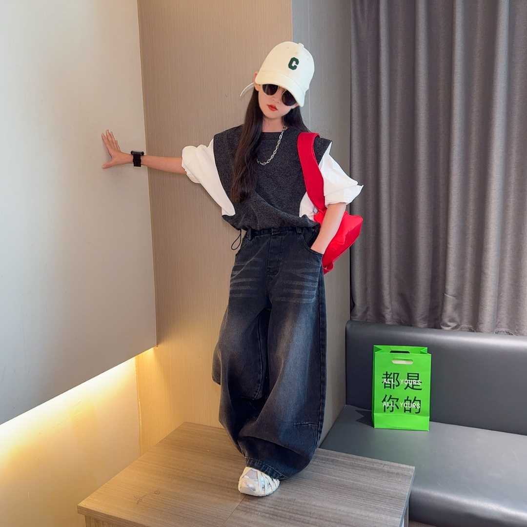 女童秋款套装2025新款女孩宽松长袖衣秋季港式复古阔腿牛仔弯刀裤