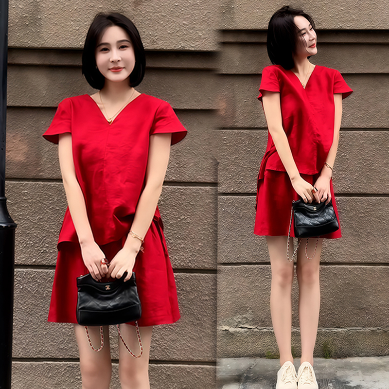 休闲简约不规则套装女2025年夏季宽松遮肉上衣高腰短半裙两件套潮