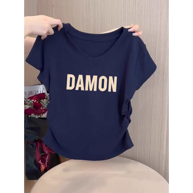 不规则褶皱V领短袖t恤女夏季设计感修身短款小个子正肩体恤上衣