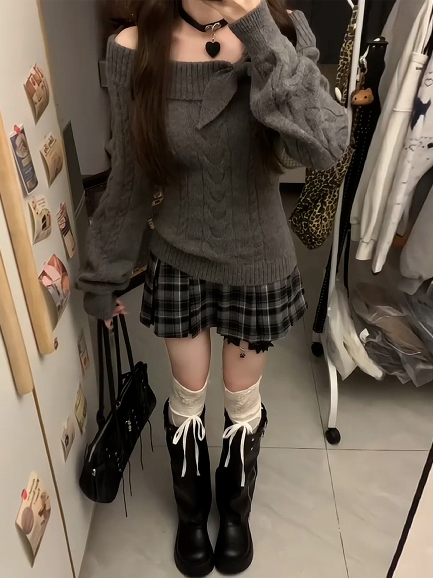 原创学院风古早兔耳一字肩毛衣秋冬新款气质套头穿搭收腰针织衫女