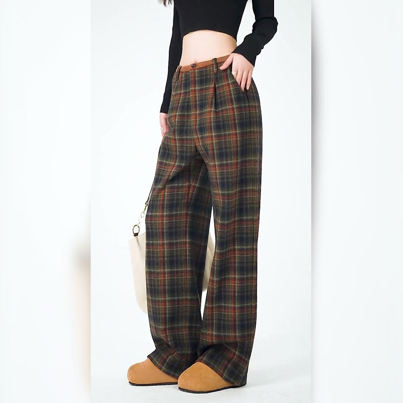 秋冬加绒裤子女毛呢休闲裤2025新款加厚格子裤百搭阔腿裤直筒长裤