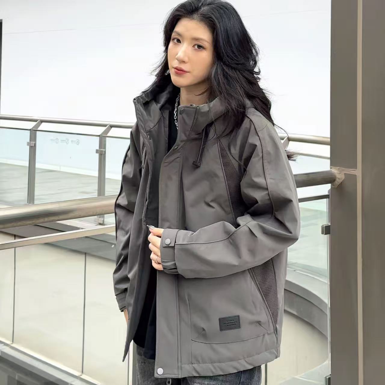 秋冬连帽工装外套棉服男宽松防水冲锋衣百搭拼接加厚二棉外套