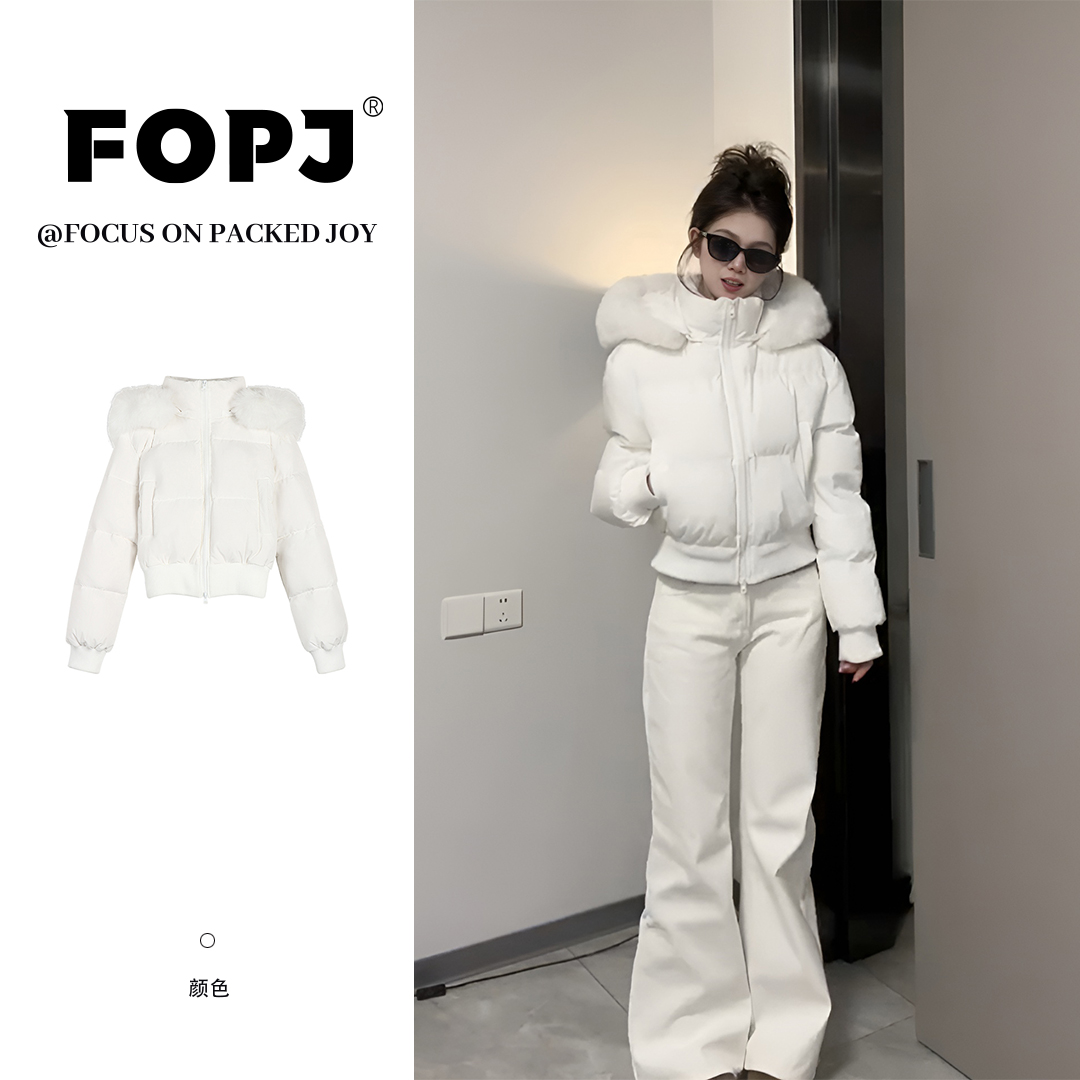 FOPJ美式复古连帽毛领棉服外套女秋冬季新款加厚设计感面包服棉衣