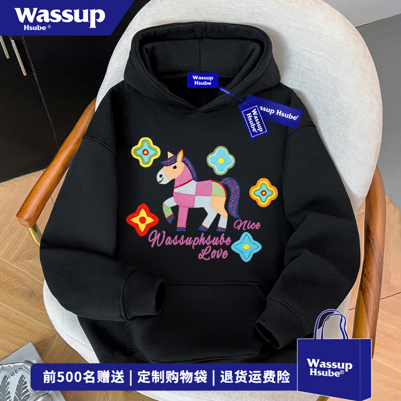 WASSUP HSUBE高街ins潮流小马印花百搭连帽卫衣男女秋季休闲上衣