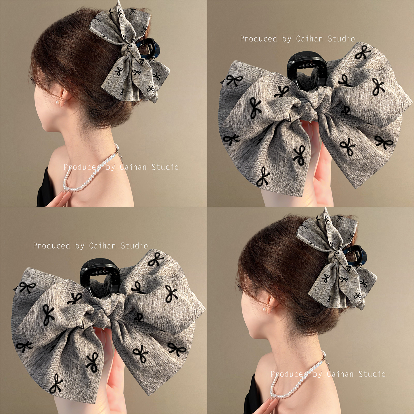 格蕾日报社~韩系灰色蝴蝶结抓夹女高级感复古气质鲨鱼夹旅行发卡