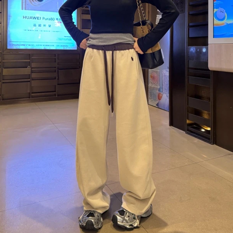 刺绣拼色高腰束脚两穿阔腿卫裤女一裤两穿拖地裤