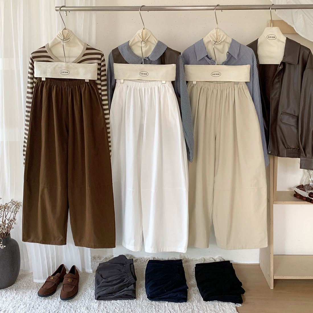 日韩系松弛感灯笼气球阔腿裤女秋慵懒洗水松紧腰拼接花苞休闲裤