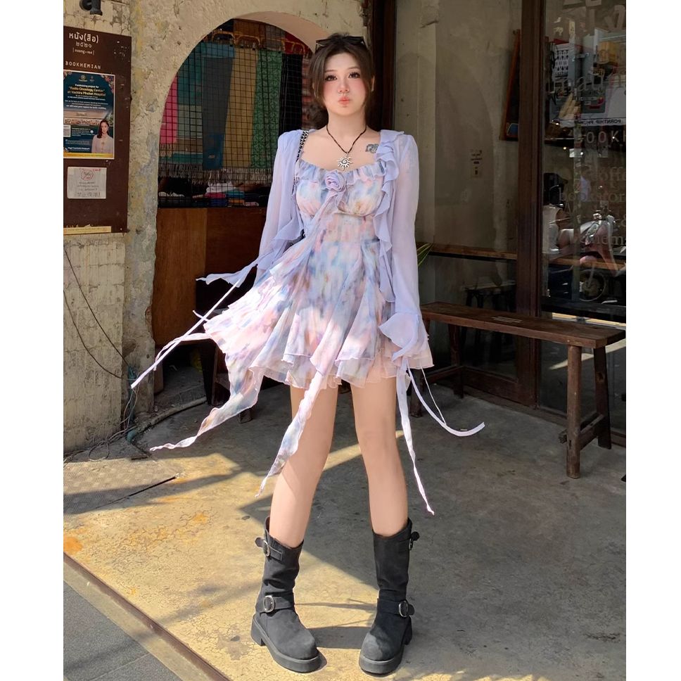 安妮不火【莫奈潋紫】氛围感油画梦幻纯欲设计碎花雪纺裙A251Q0106