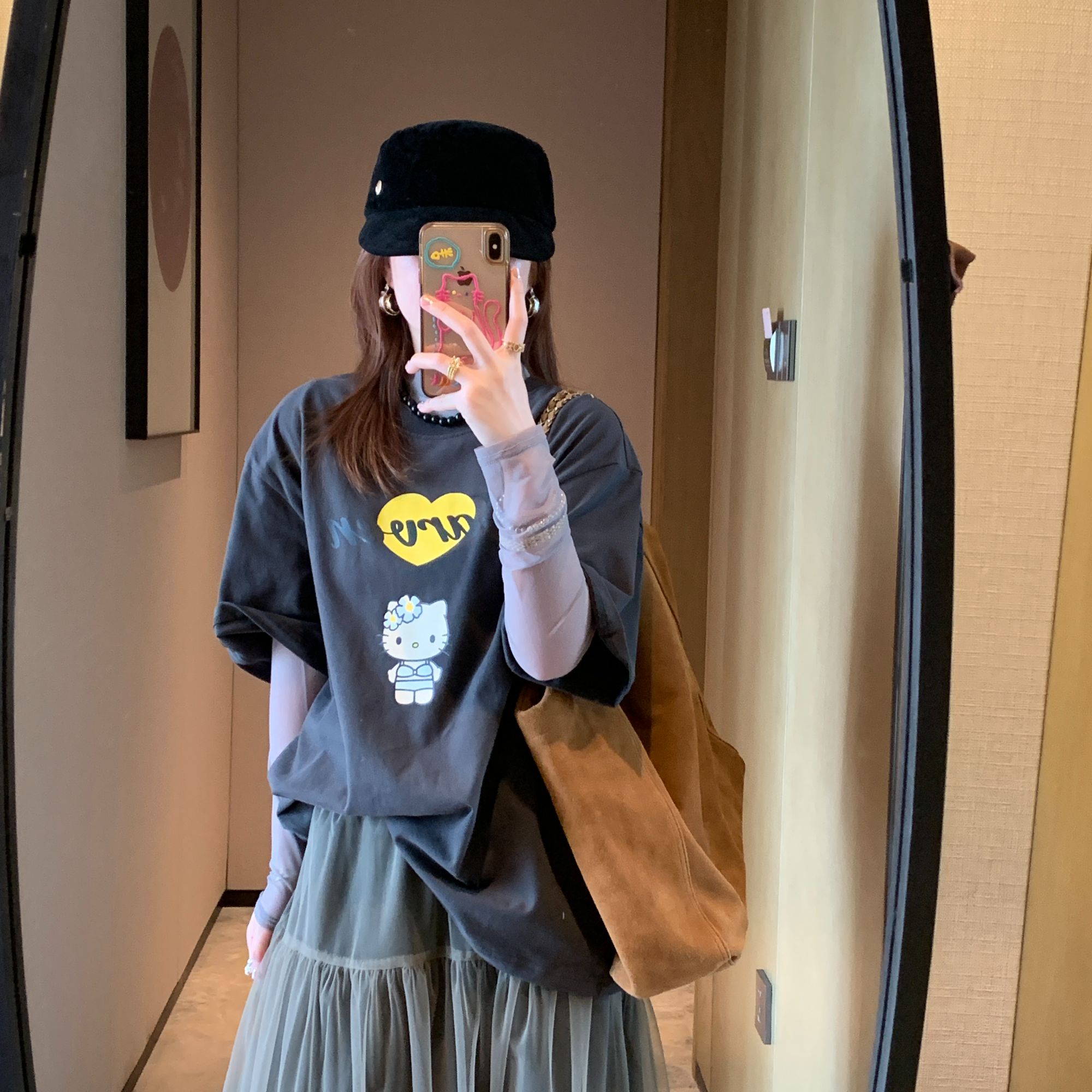 韩系简约可爱卡通Kitty猫印花圆领宽松休闲短袖T恤上衣