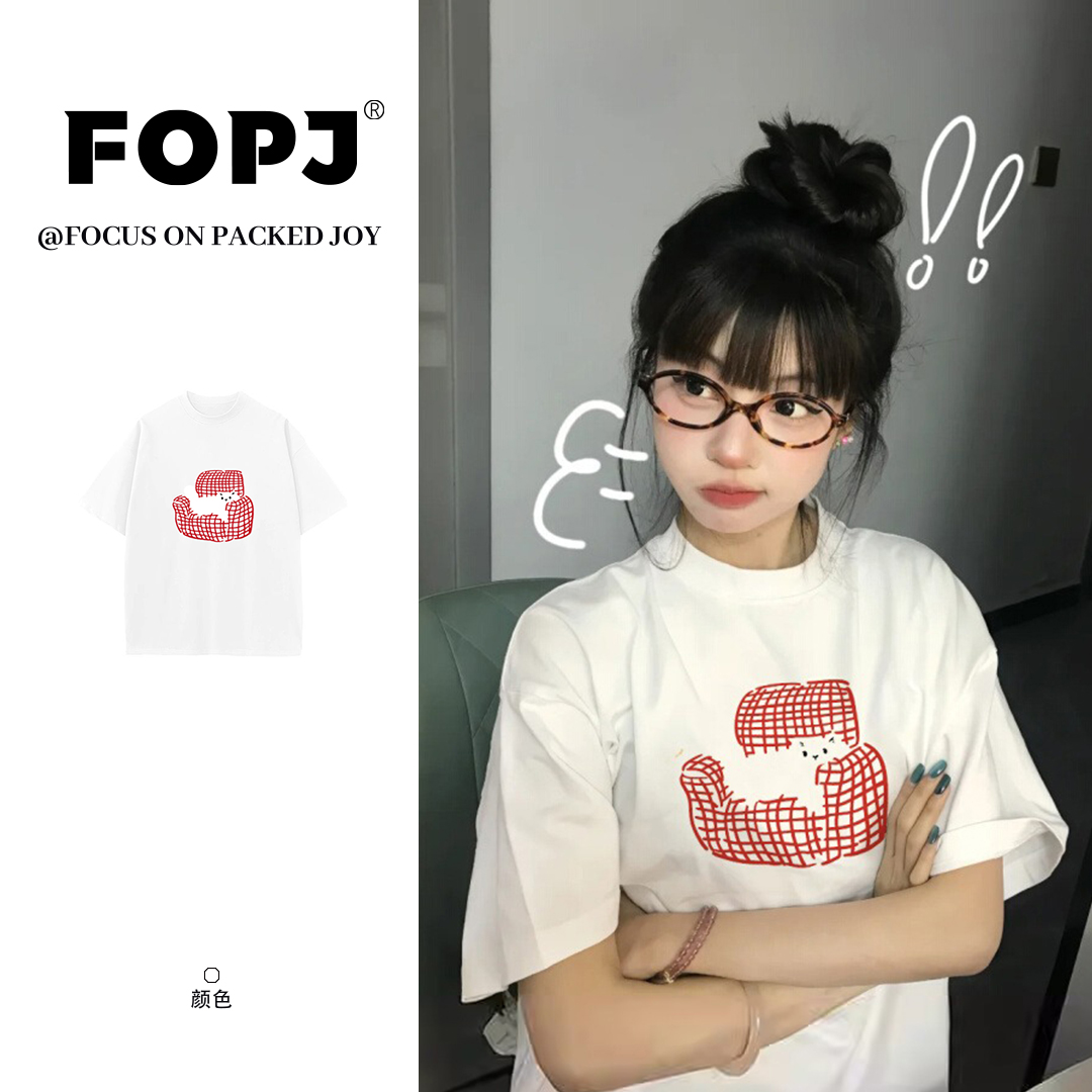 FOPJ夏季慵懒时尚感短袖t恤沙发猫咪印花休闲通勤百搭圆领上衣女
