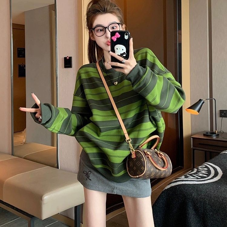 条纹卫衣2026新款2026美式复古慵懒圆领宽松套头上衣长袖