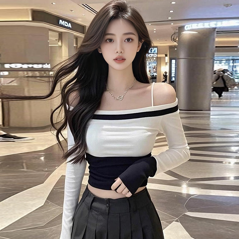 秋季新款设计感撞色短款一字领性感上衣女纯欲风内搭长袖打底衫女