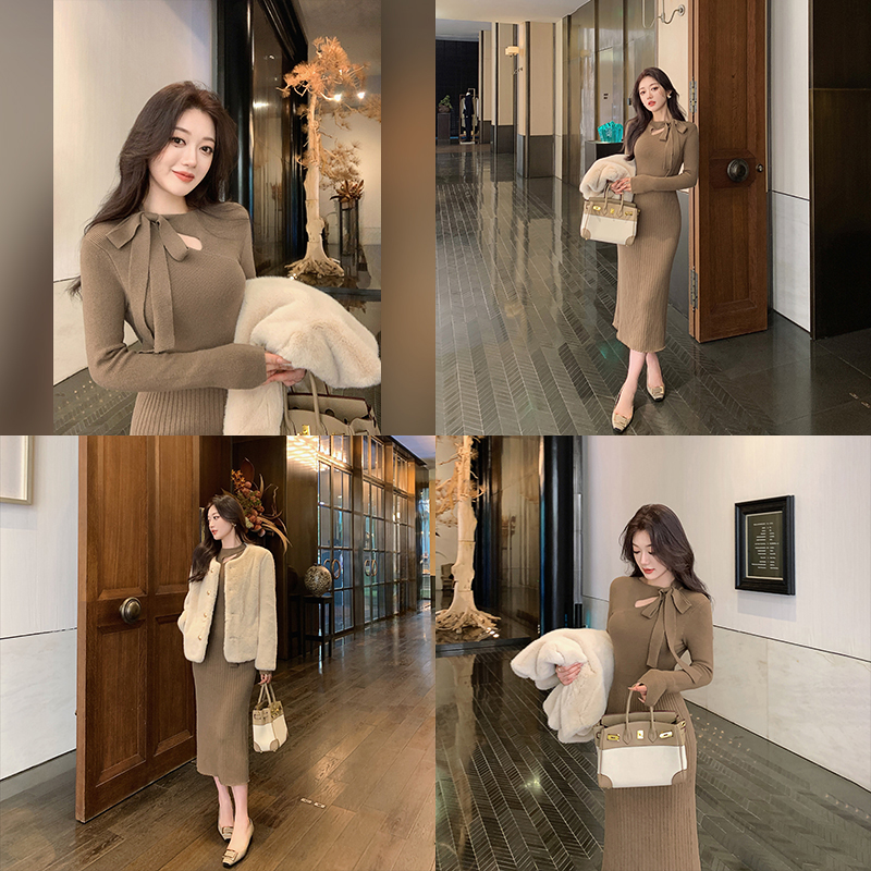 林关关【柔缕萦身】秋冬飘带羊毛混纺针织连衣裙气质优雅百搭长裙女