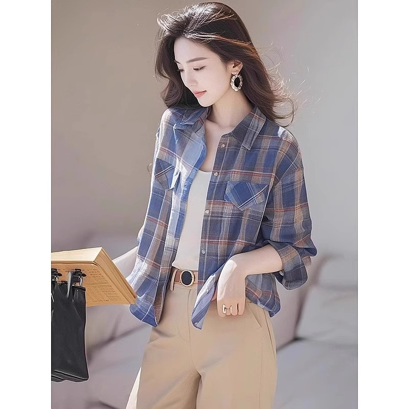 韩系气质小衫上衣2025早春新款超好看高级感蓝色格子长袖衬衫女款
