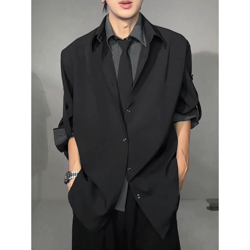 假两件拼接领带设计感衬衫男款早秋季高级感衬衣外套痞帅休闲西装