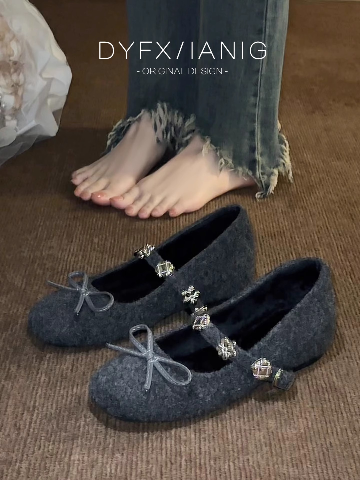 小个子内增高5cm法式毛毛鞋女2025新款保暖加绒玛丽珍棉鞋豆豆鞋