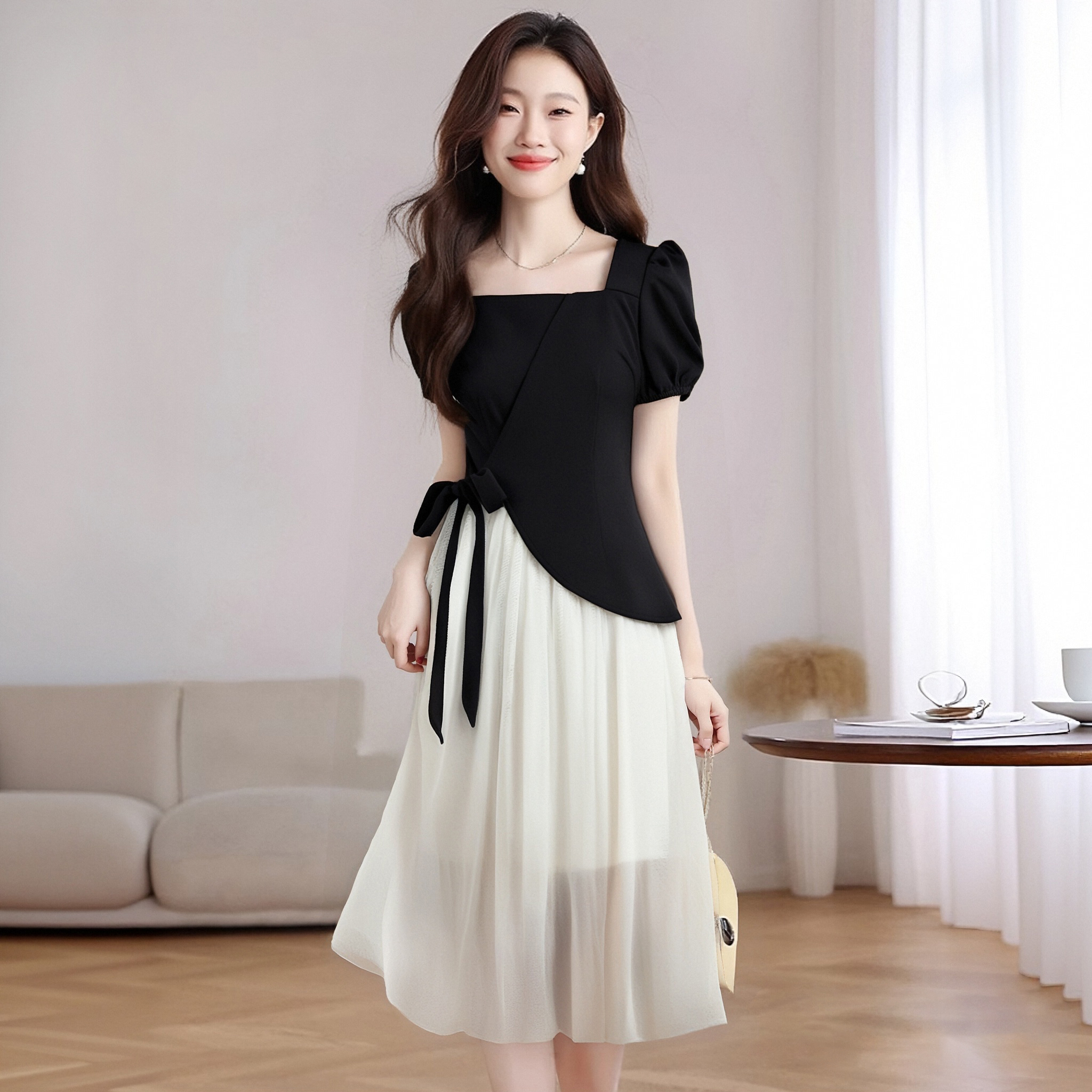 B2025夏季撞色褶皱收腰设计感裙子女气质轻奢时尚连衣裙D1662