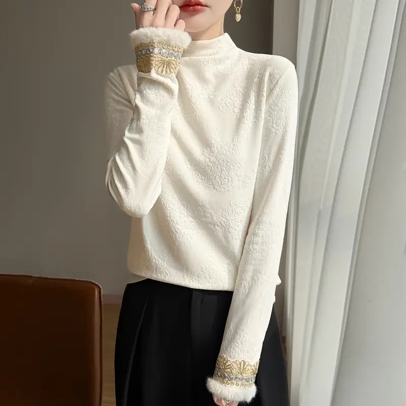 新中式国风刺绣加厚加绒半高领打底衫女2025秋冬新款内搭软糯上衣