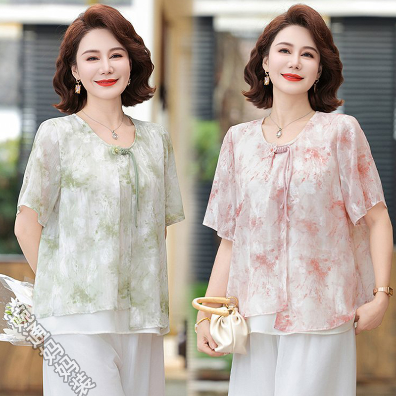 新中式妈妈夏装雪纺小衫2025新款时尚中老年女夏季洋气短袖上衣服