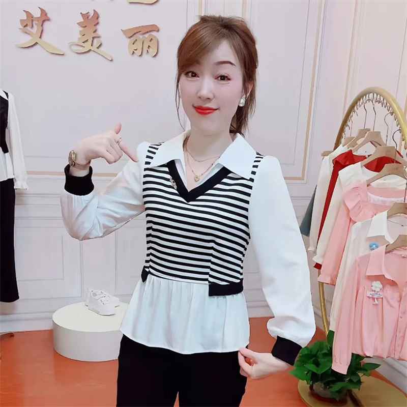 条纹假两件衬衫女士长袖新款2025年春秋时尚遮肚减龄气质百搭上衣