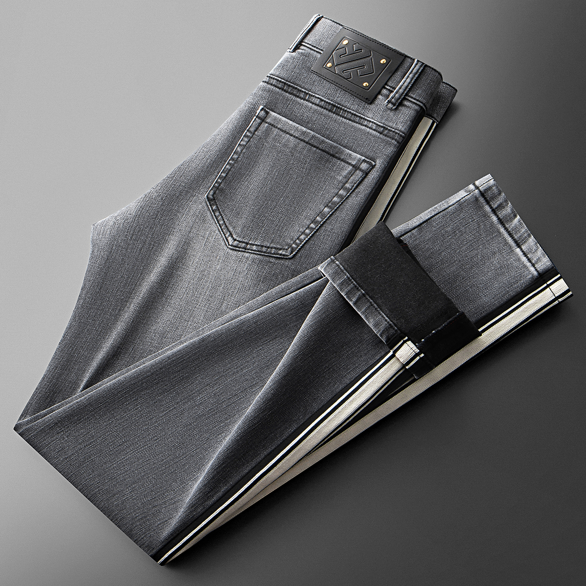 SOHEBENAHT/锡芝班拿秋冬弹力烟灰色织带显瘦男士直筒休闲牛仔裤