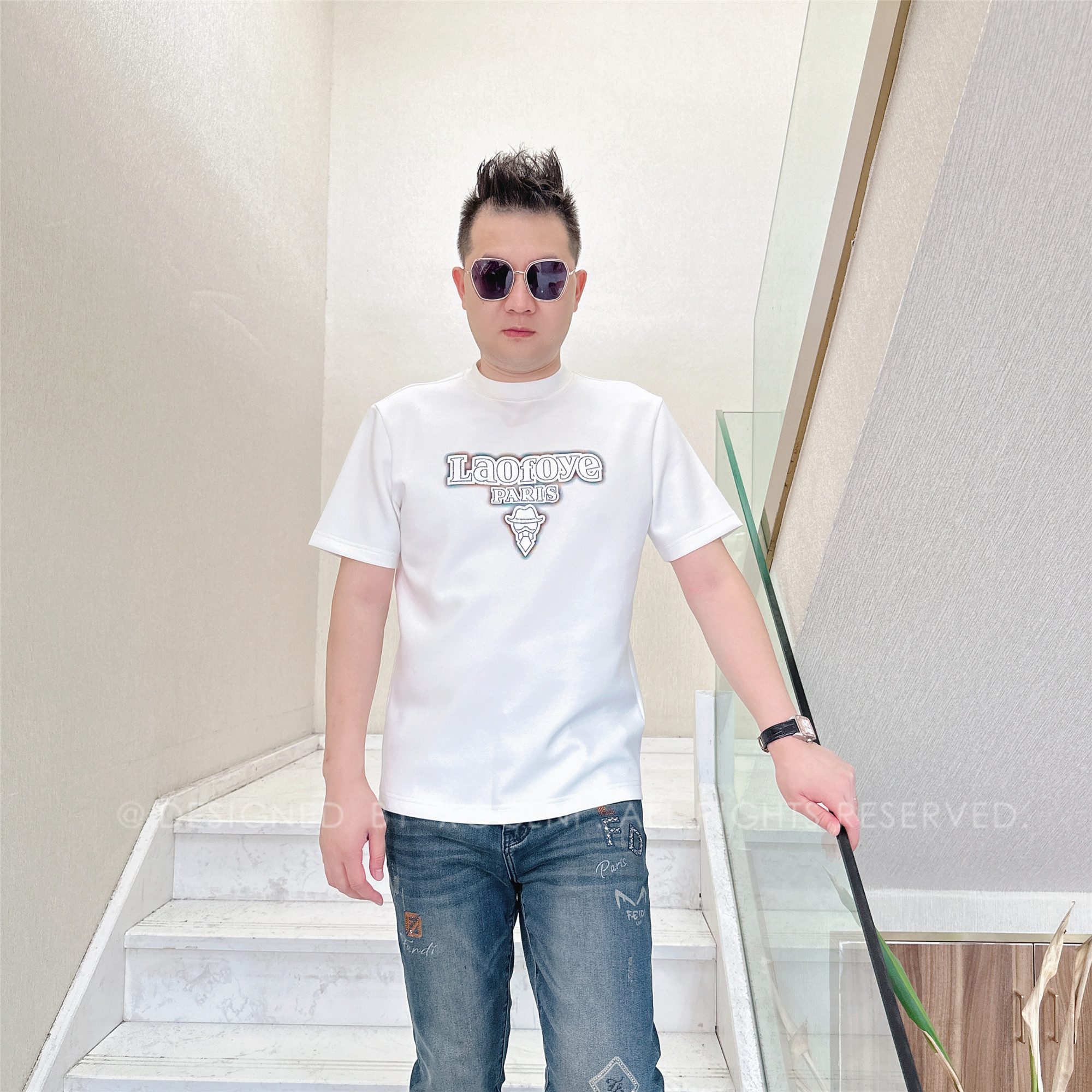 秋冬款LAOFOYE字母边缘阴影男士品质高端轻奢洋气时尚潮牌短袖t恤