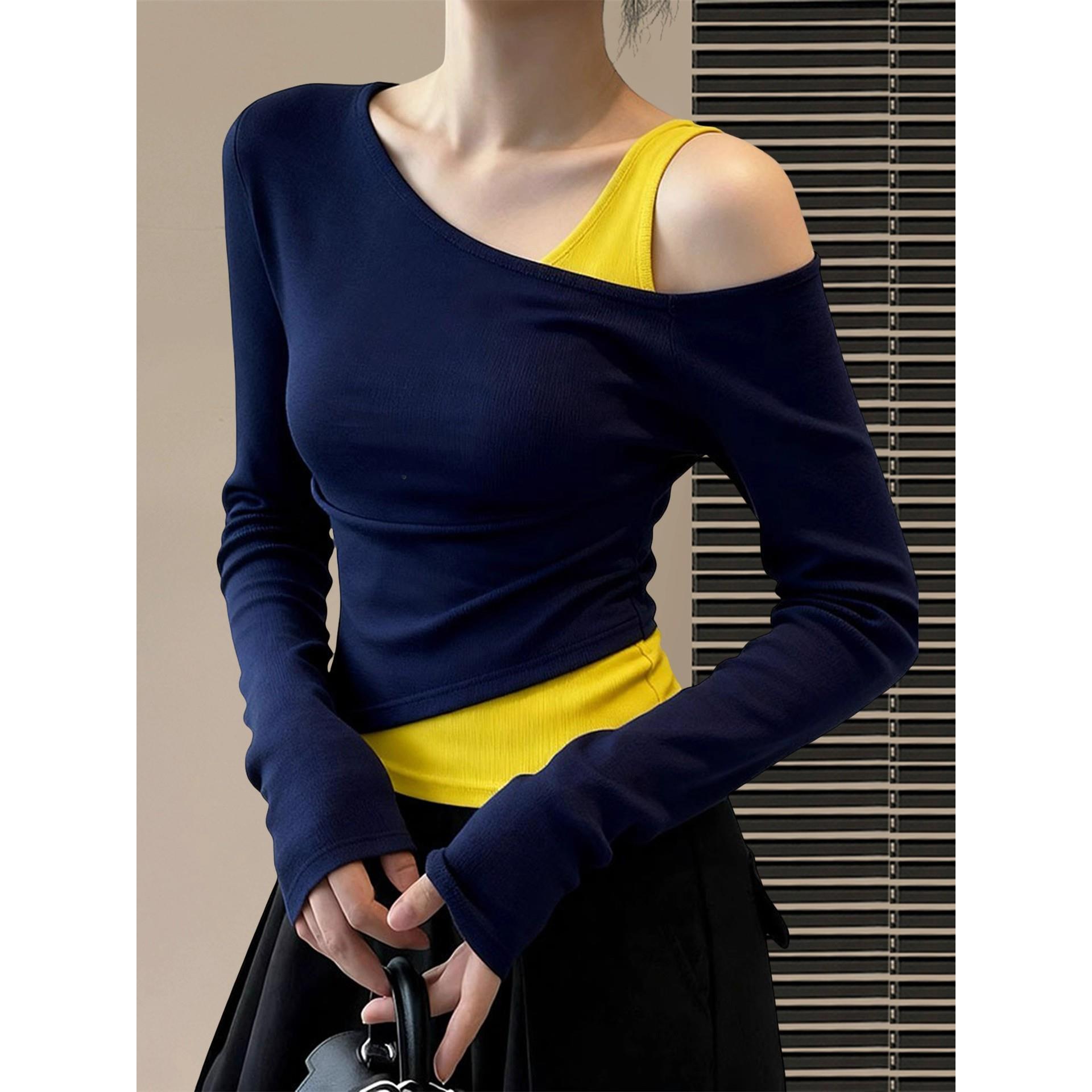 高级感斜肩假两件露肩收腰T恤女2025新款巨好看时尚气质掐腰上衣