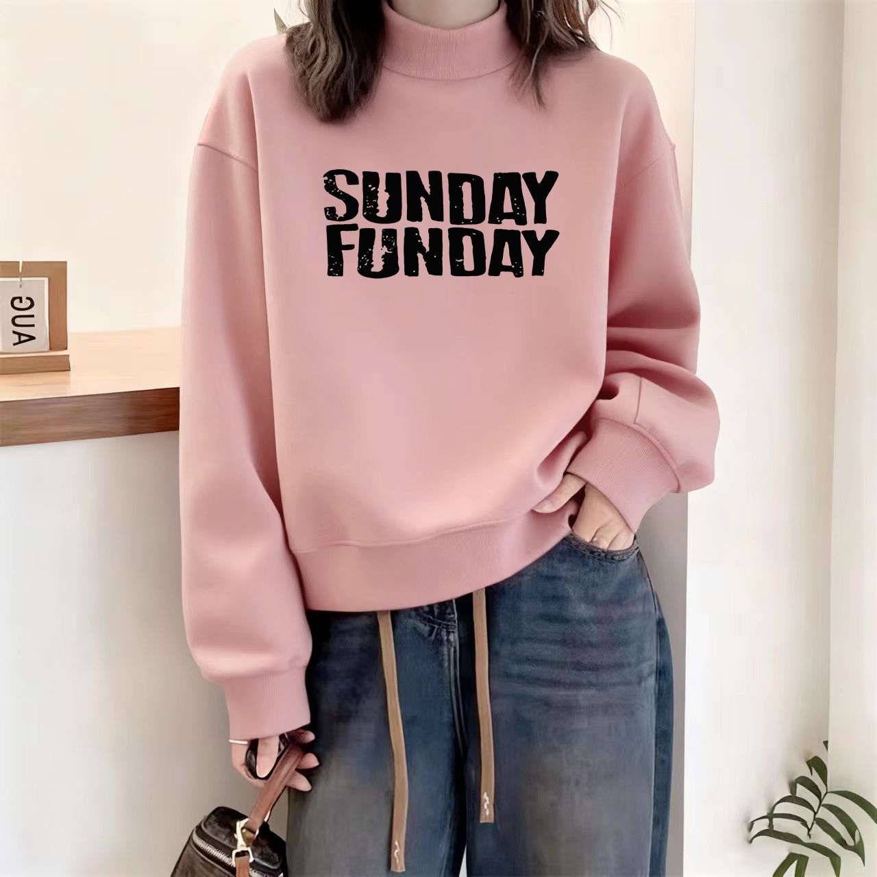 半高领卫衣女秋冬韩版宽松加绒加厚保暖粉色银狐绒设计感上衣外套