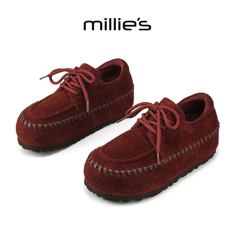 妙丽真皮内增高深口单鞋女2025冬季新款加绒保暖不累脚红色乐福鞋