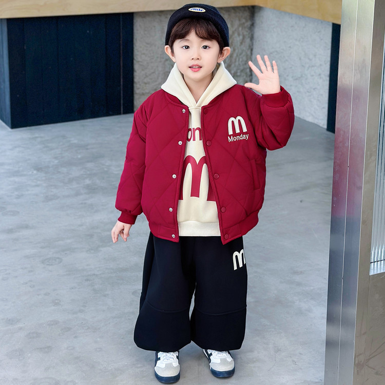 男童棉服秋冬款2025新款洋气宝宝连帽加厚棒球服小儿童夹棉外套潮
