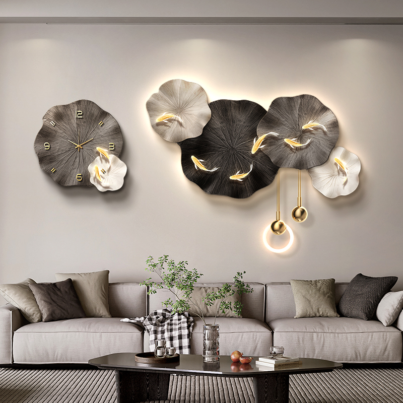 九鱼图客厅装饰画带钟表大气高级感沙发背景墙挂画轻奢餐厅壁画