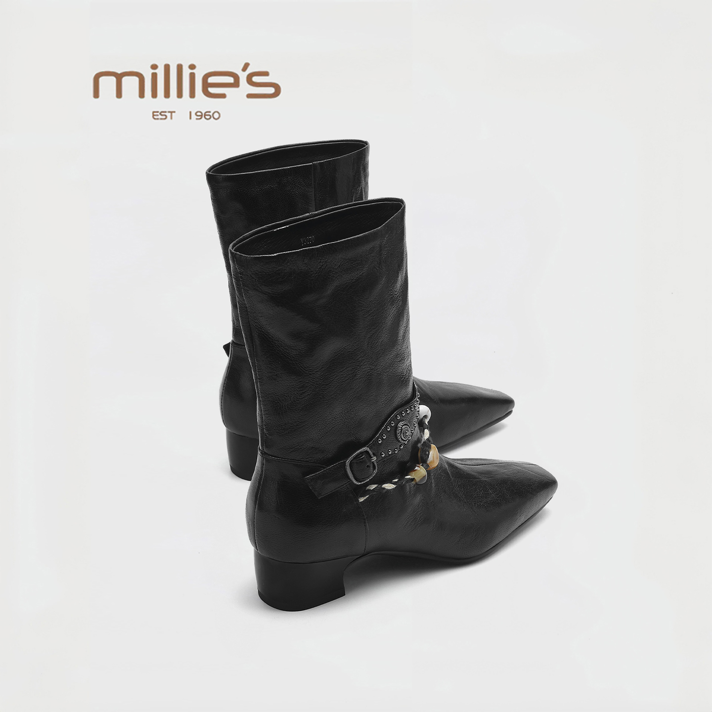 MILLIE'S/妙丽2025新款切尔西靴子复古百搭粗跟中筒靴欧美瘦瘦靴