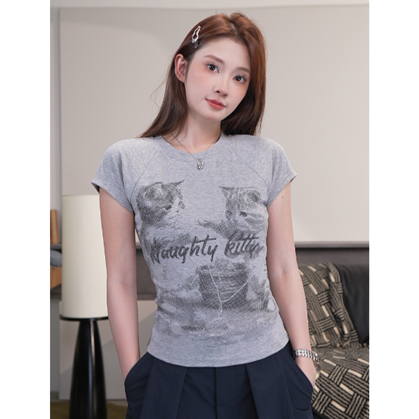 夏季美式小猫印花短袖修身显瘦T恤女2025新款辣妹显瘦潮牌上衣