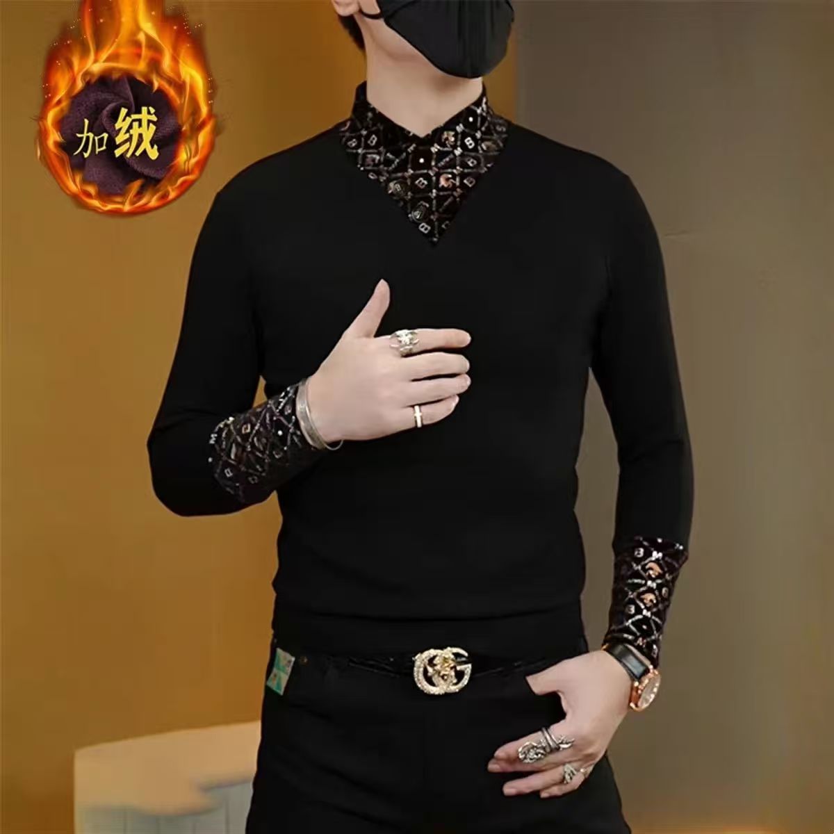 2025新款简约时尚百搭轻奢潮流男士加绒卫衣围巾领修身打底衫长袖