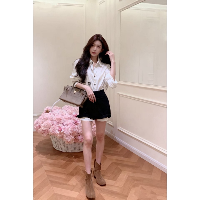 设计感纯色气质收腰翻领长袖衬衫秋季新款高腰百搭显瘦裙裤两件套