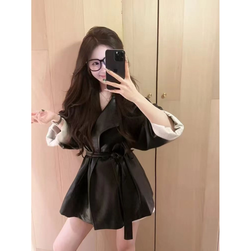 翻领黑色皮衣外套女高级感小个子又a又飒美式慵懒chic夹克机车服