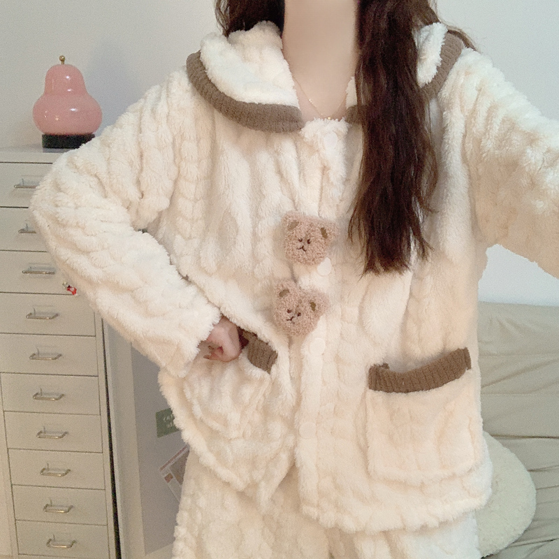 【加绒加厚】珊瑚绒睡衣女款秋冬季小熊娃娃领法兰绒保暖家居服套装