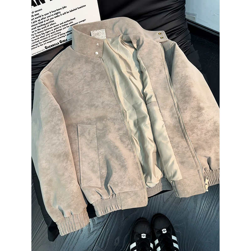 立领pu皮复古雾面扎染夹克男秋季美式哈灵顿情侣外套青少年机车服