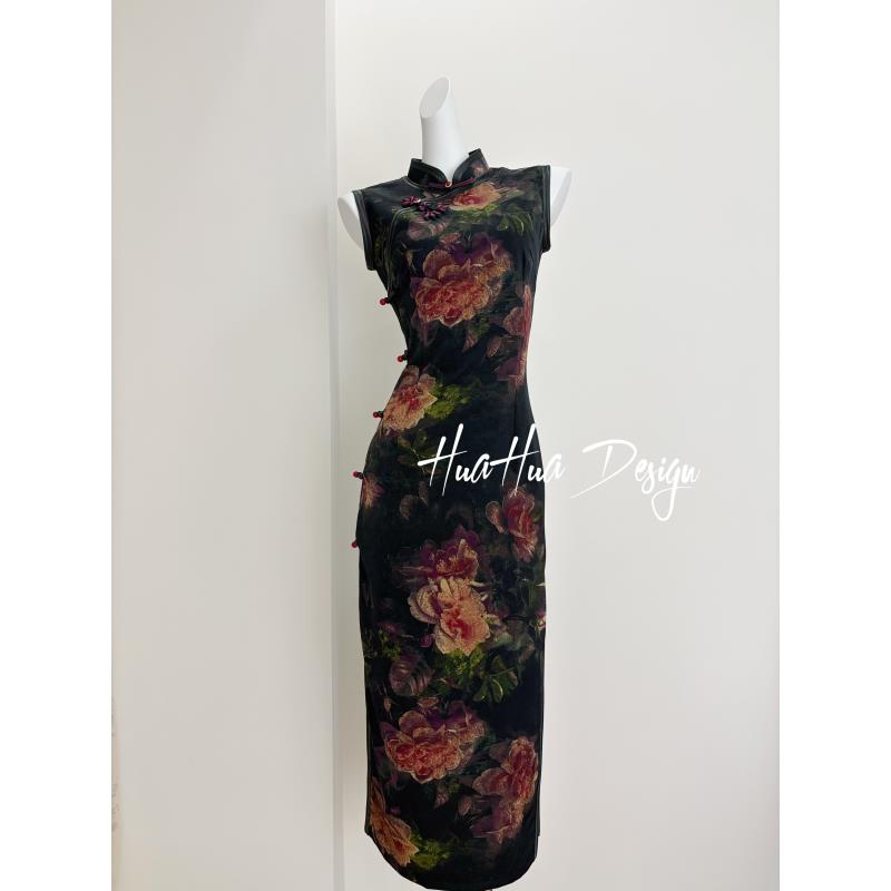 苏故里【红袖飞花】油画文艺植物花卉低领日常旗袍时尚显瘦气质长