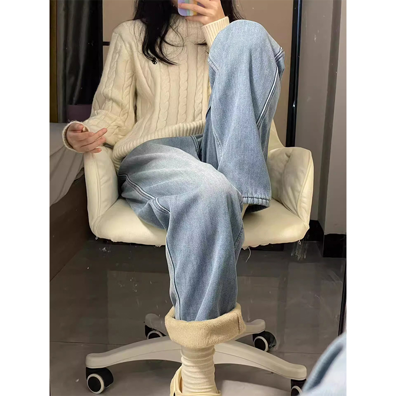 浅色窄版阔腿牛仔裤女2026秋冬加绒爆款撞色设计感宽松直筒拖地裤
