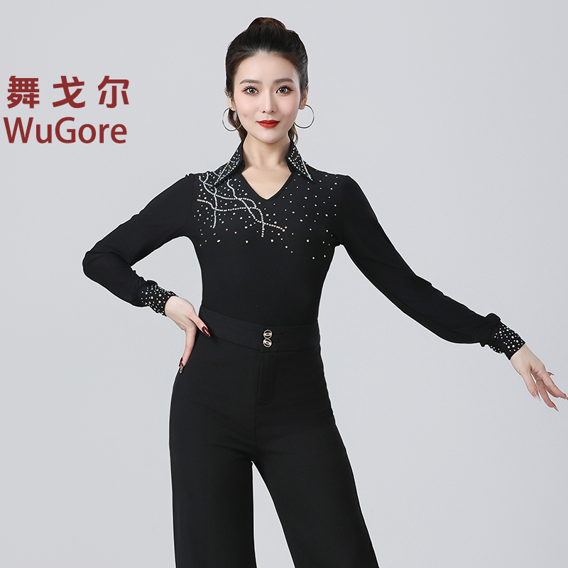 女拉丁舞上衣摩登舞交谊舞服装长袖烫钻跳舞演出比赛服跳男步广场